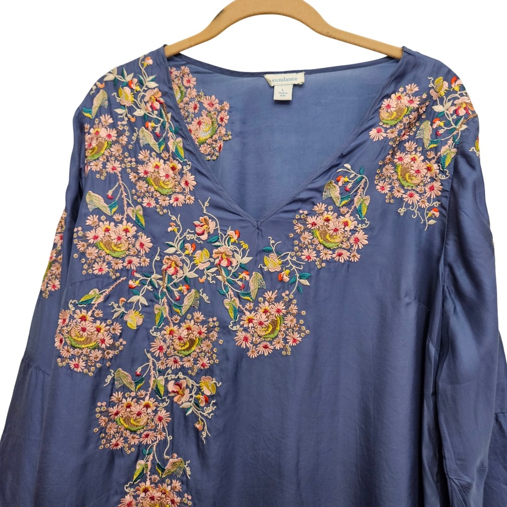 Sundance Blouse Womens‎ L Blue Embroidered Cupro V-Neck Boho Bell Sleeve Floral - Picture 5 of 10